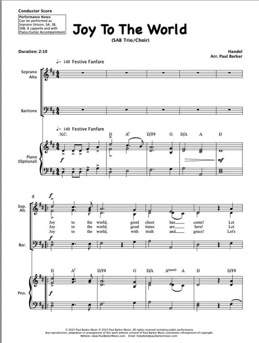 Joy To The World (SAB Choir & Piano)