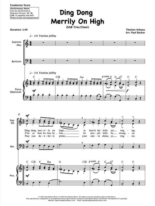 Ding Dong Merrily On High (SAB Choir & Piano)
