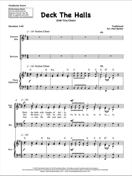 Deck The Halls (SAB Choir & Piano)