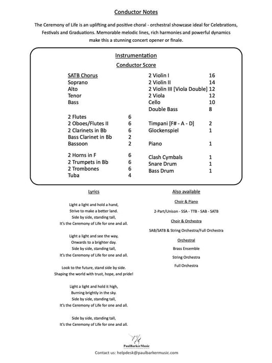 The Ceremony of Life (SAB/SATB & Full Orchestra) - Paul Barker Music