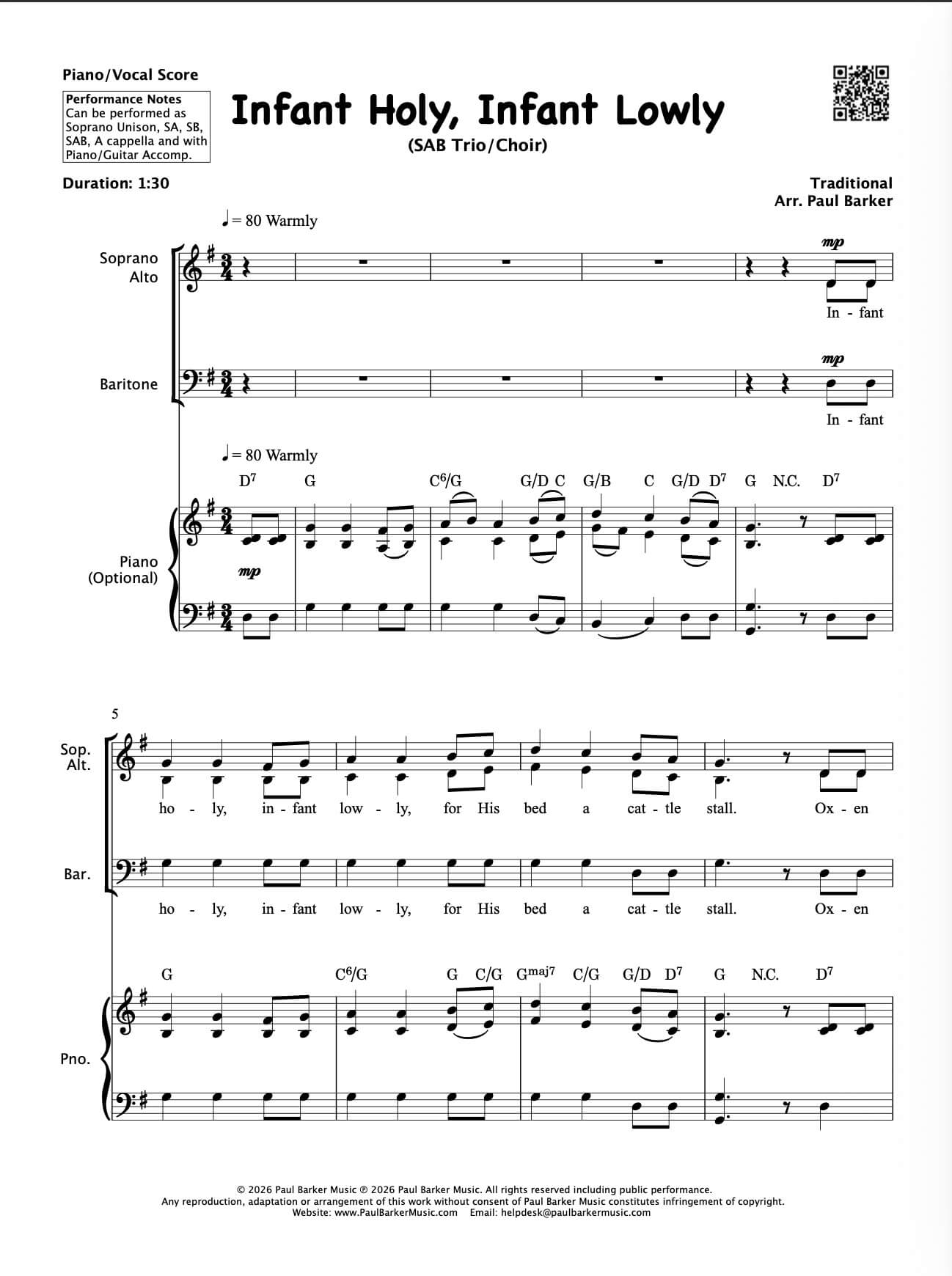 Infant Holy, Infant Lowly (SAB Choir)
