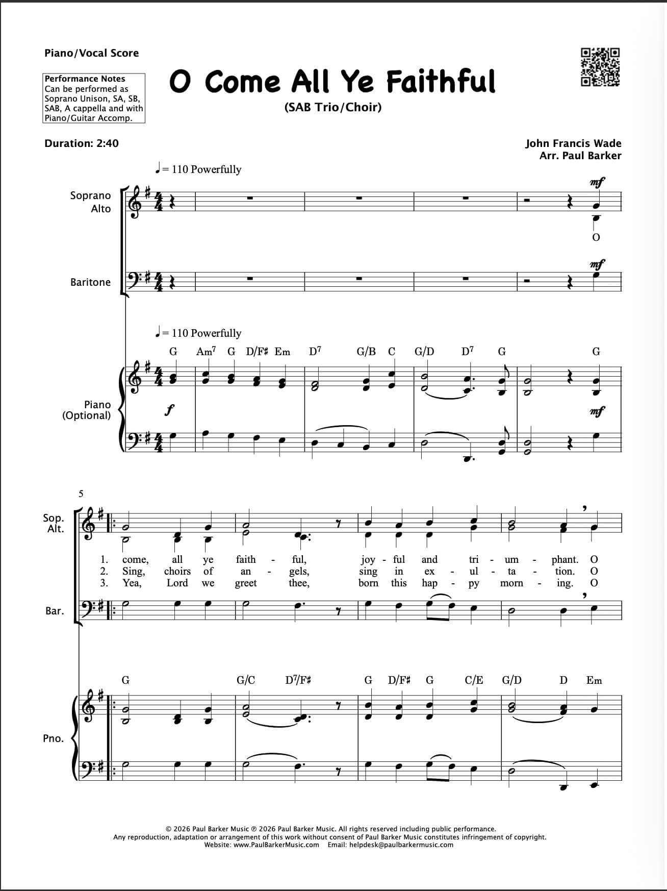 O Come All Ye Faithful (SAB Choir)