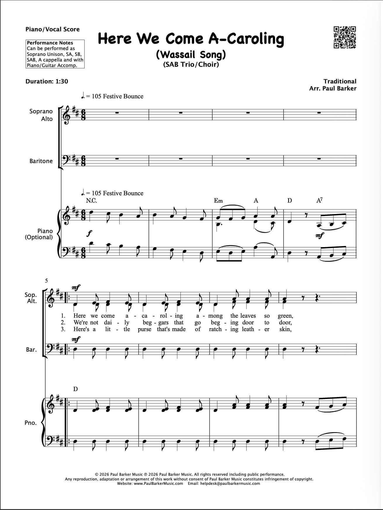 Here We Come A-Caroling (Wassail Song) (SAB Choir)