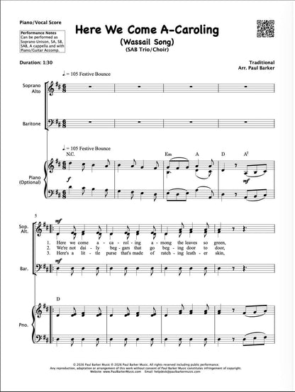 Here We Come A-Caroling (Wassail Song) (SAB Choir)