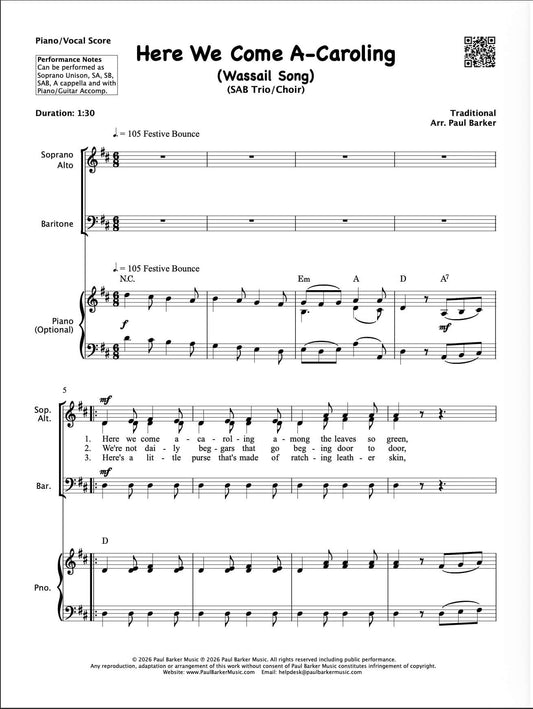 Here We Come A-Caroling (Wassail Song) (SAB Choir)
