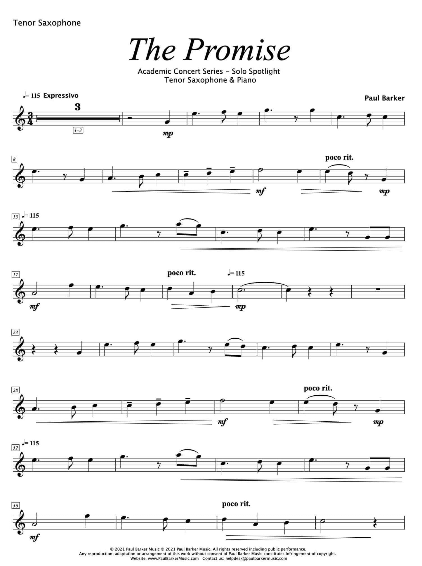 The Promise [Tenor Saxophone & Piano] - Paul Barker Music 