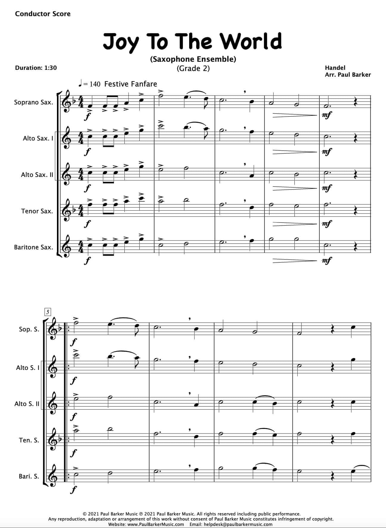 Joy To The World (Saxophone Ensemble) - Paul Barker Music 