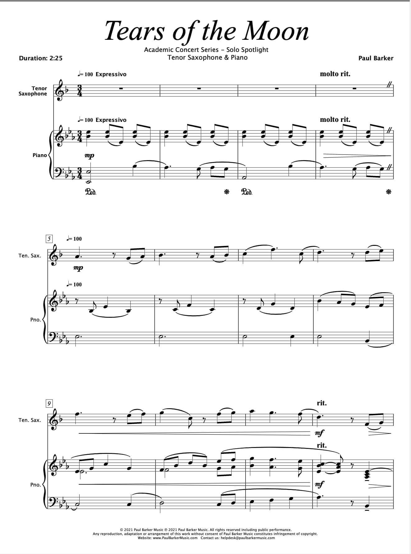 Tears of the Moon [Tenor Saxophone & Piano] - Paul Barker Music 